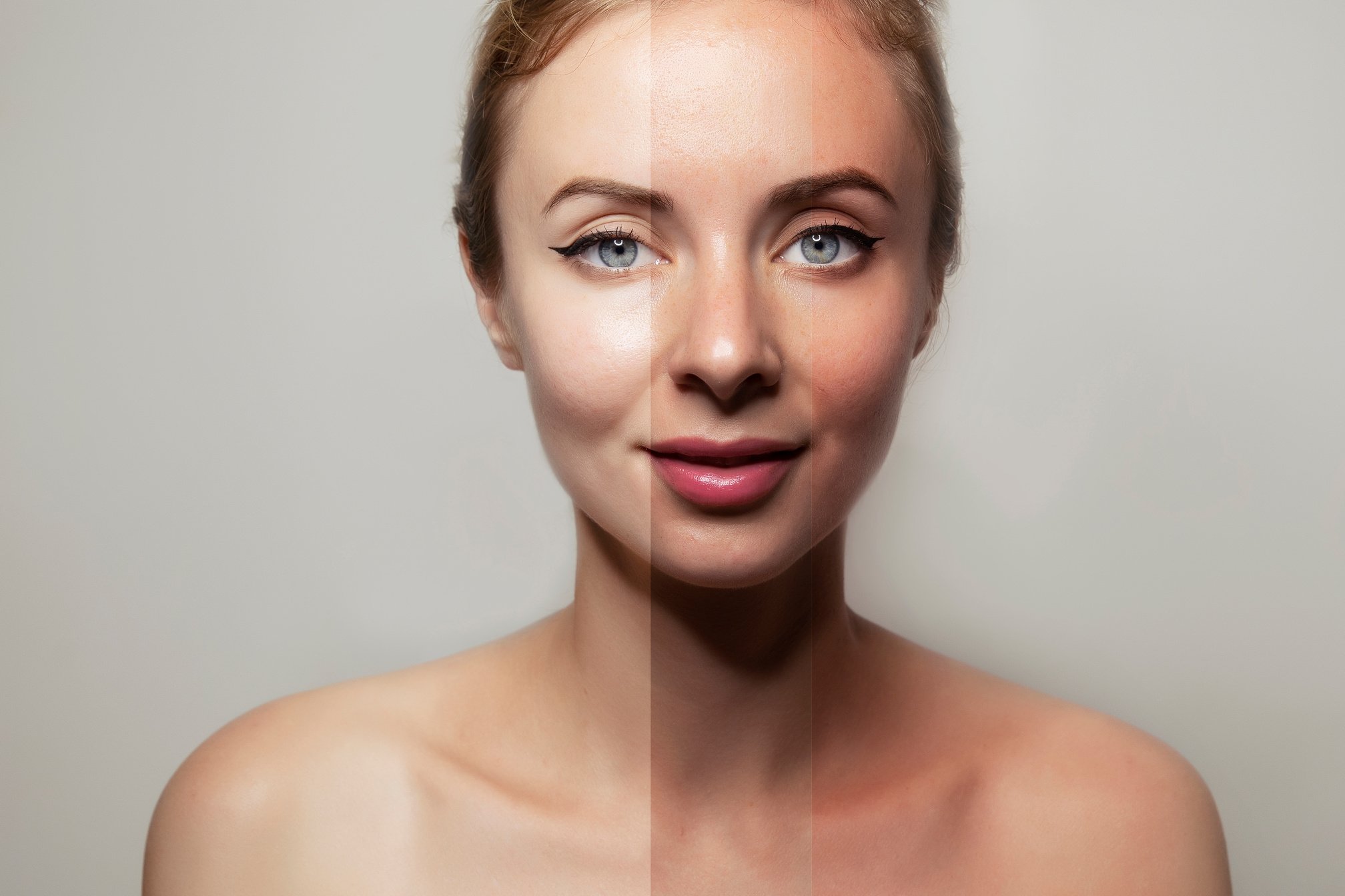 stages of tanning on woman`s face